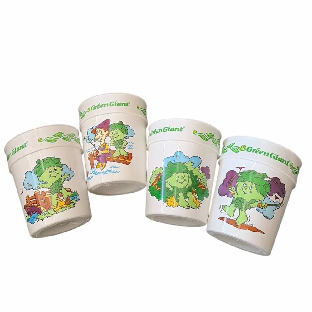 VTG 1990s Green Giant Little Sprout Plastic Cups - Lot of 4 - Fishing Series